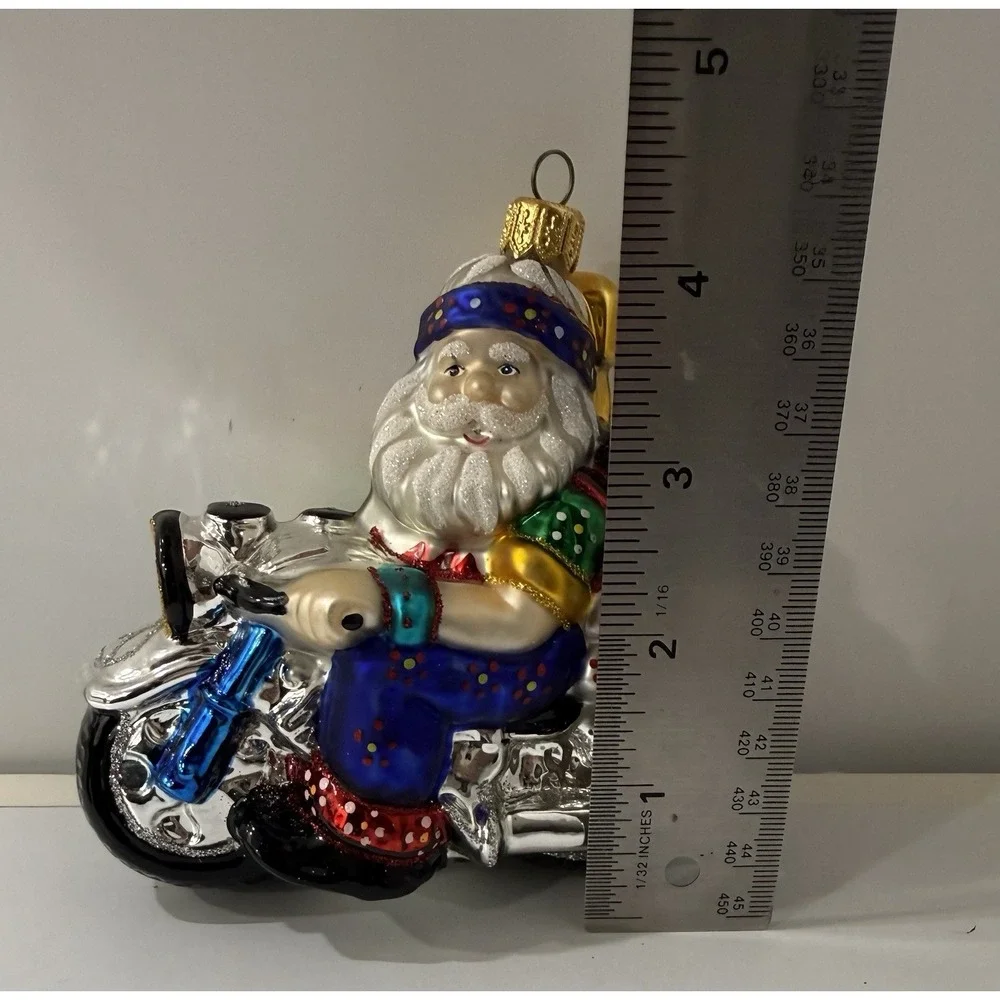 Max Glass Santa Claus Riding Motorcycle Blown Glass Christmas Ornament Poland